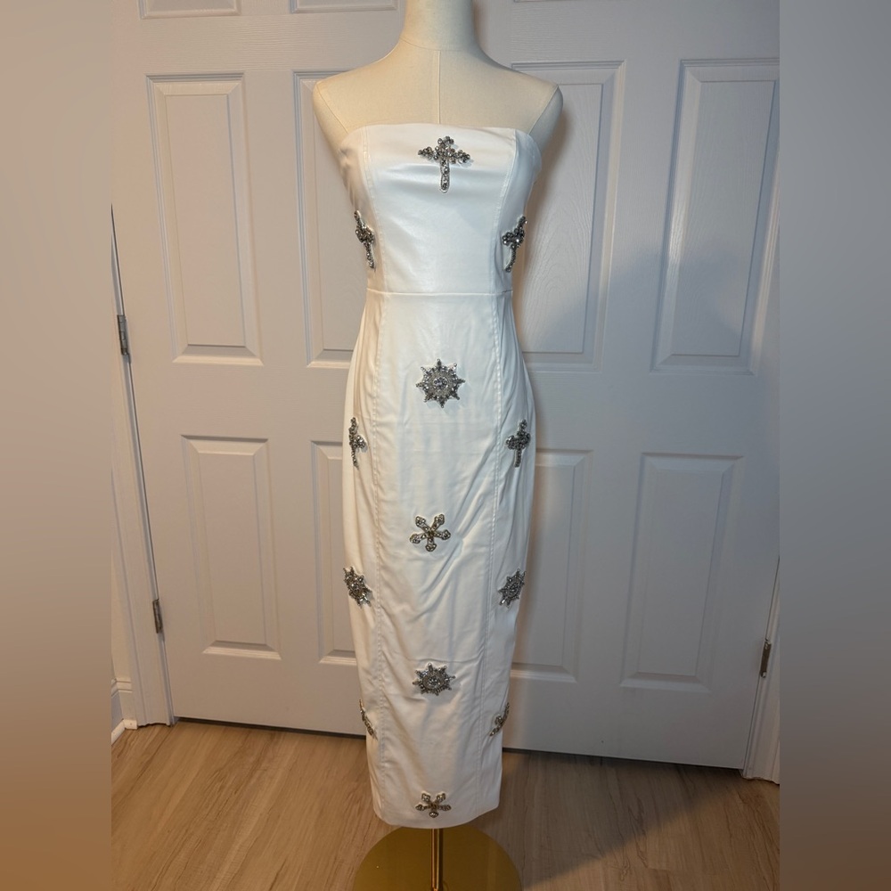 Fashion Nova Strapless White Dress with Silver Accents
